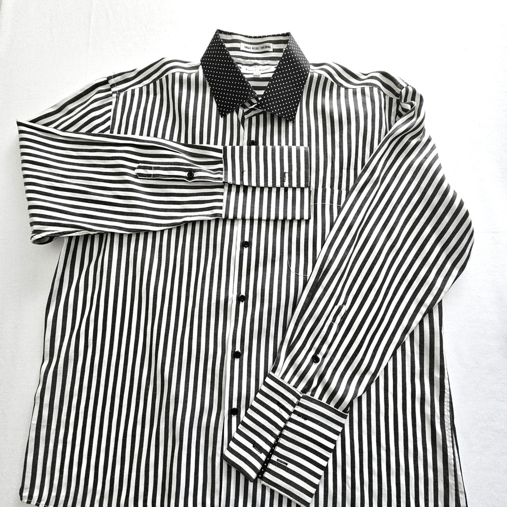 Karl Knox Mens Striped Dress Shirt BlackWhite Polka Dot Collar/Cuffs 18.5 34/35